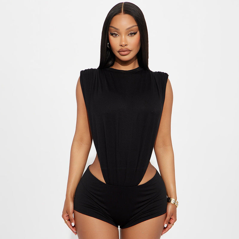 Women's Round Neck Sleeveless Side Cutout Bodysuit Top Tight Fitting Shorts Two-Piece Set 3