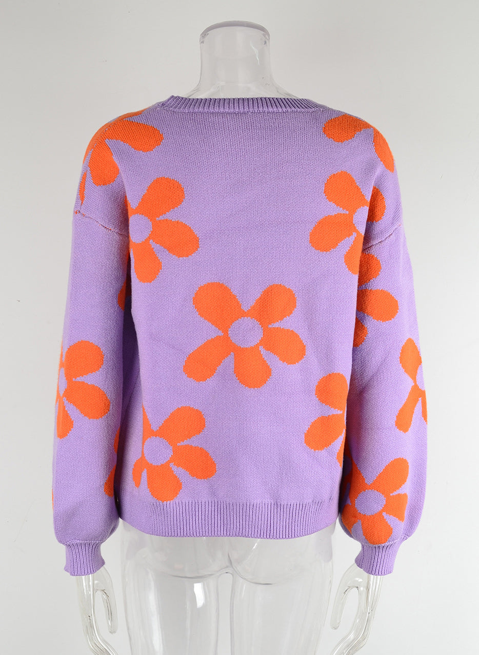 Autumn and winter women's printed sweater pullover flower plus size sweater 61