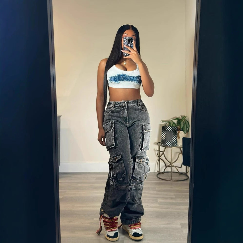 Women's Fashion Loose Straight Leg Washed Multi-Pocket Fashion Street Denim Pants 5