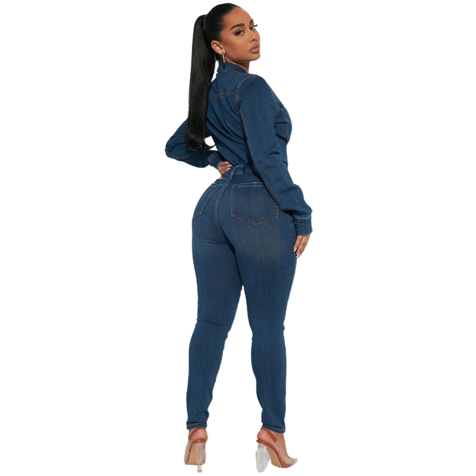 Sexy Fashion Long Sleeve High Stretch Denim Jumpsuit 5
