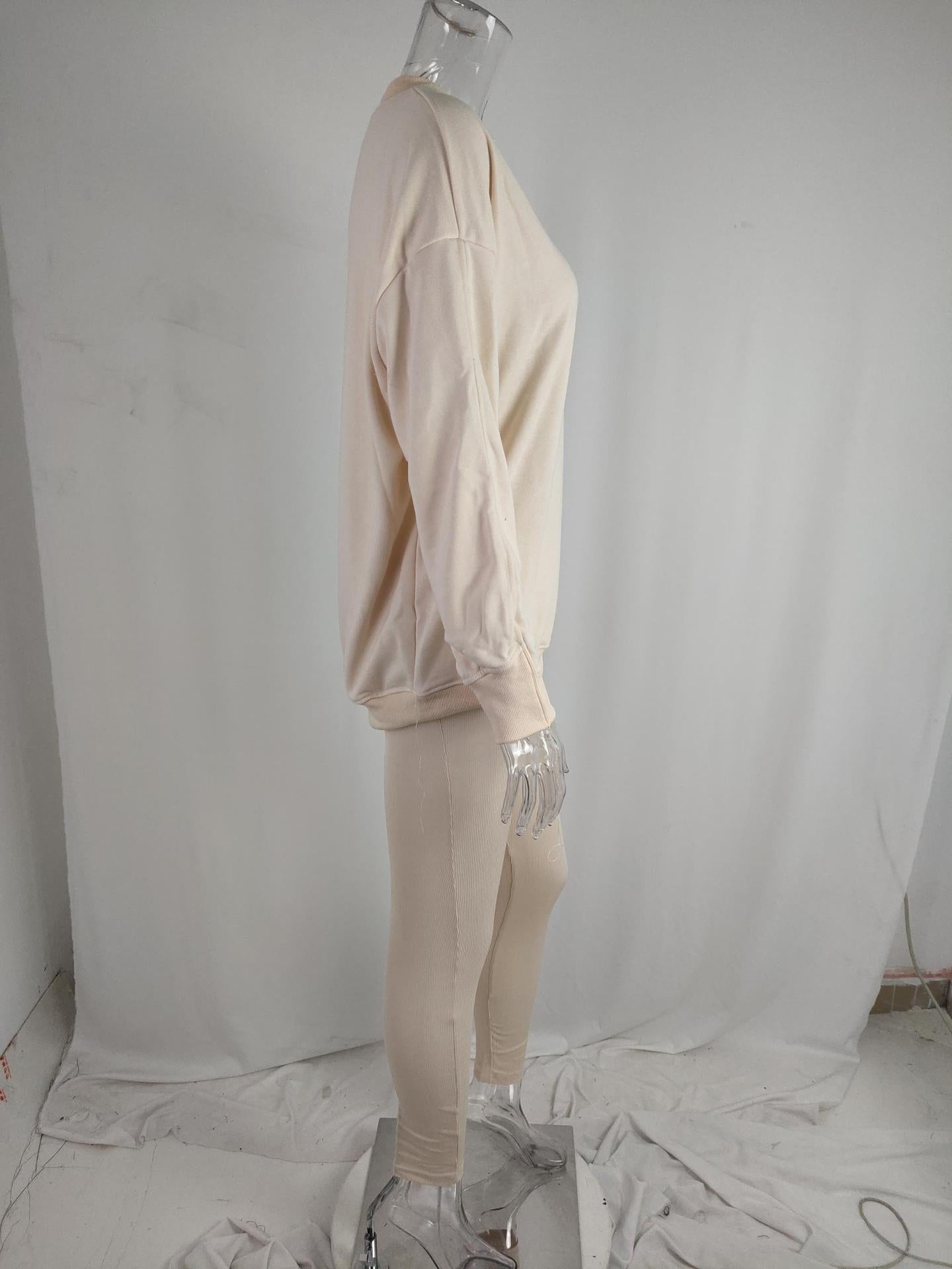 Women Loose Round Neck High Waist Sports Long Sleeve Top and Pant Casual Two-piece Set 17