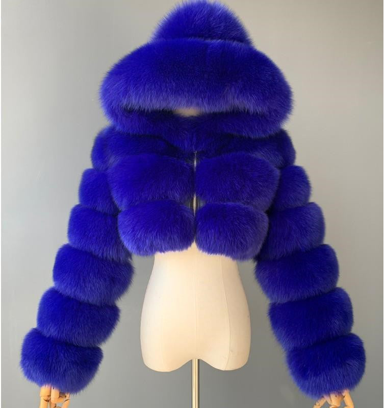 Women Faux furry Hooded Long Sleeve Crop Jacket 19