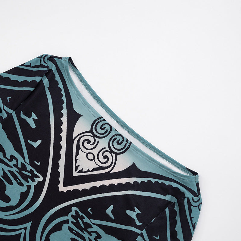 Women Spring and Summer Off Shoulder Printed Long Sleeve Bodysuit Mesh See-Through Two-piece Set 11