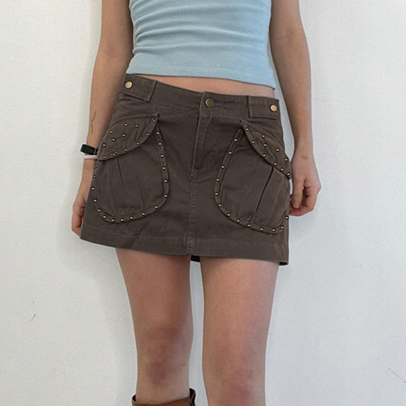 Women Beauty Street Retro Rivets Pockets Denim Skirt 3