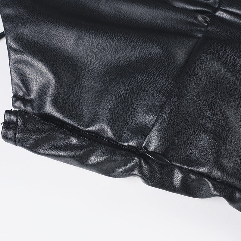 Women sexy V-neck halter slit stretchy Pu-Leather bodycon dress 12