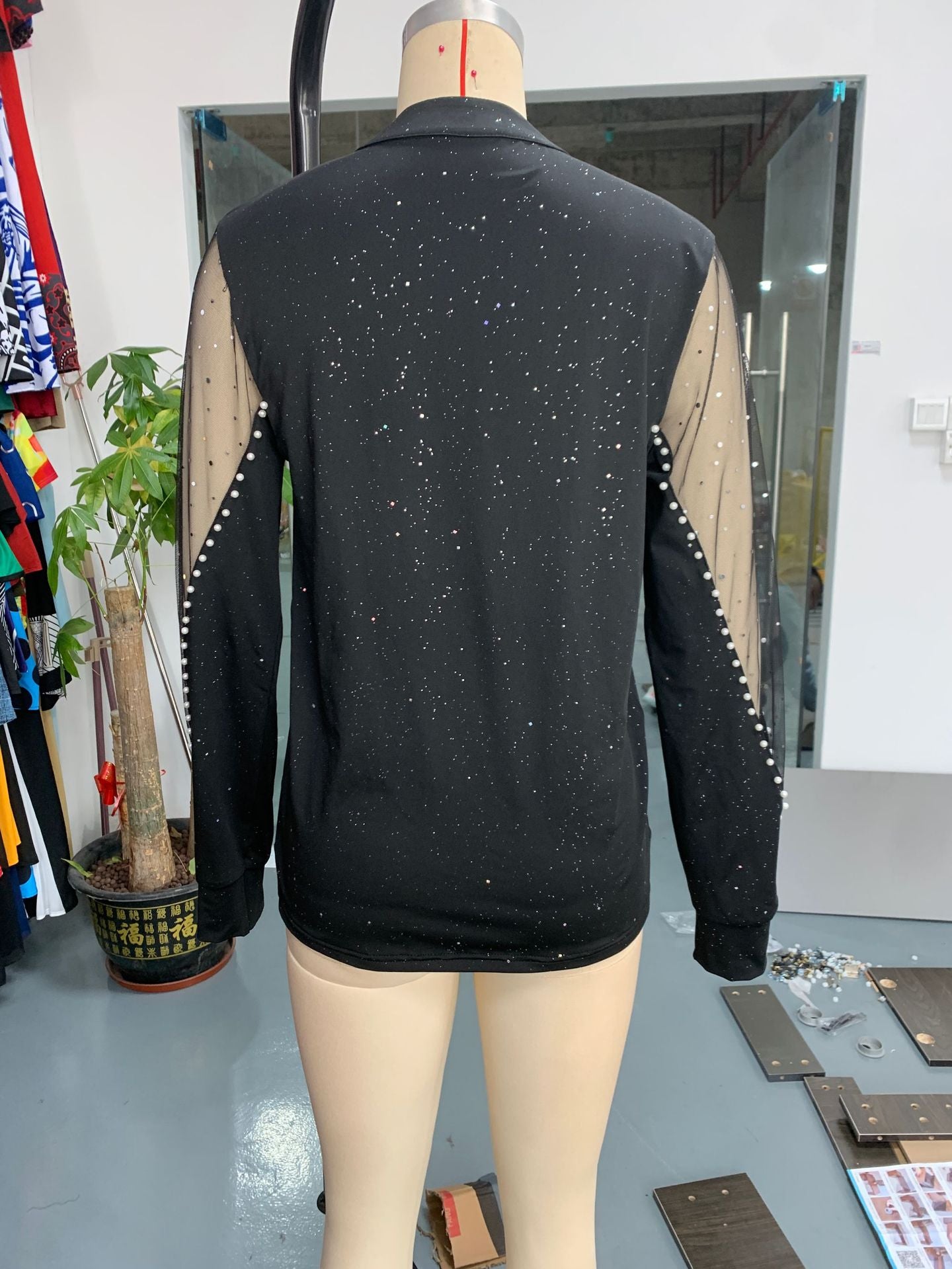 Women spring and autumn sexy v-neck mesh Patchwork See-Through long sleeve T-shirt