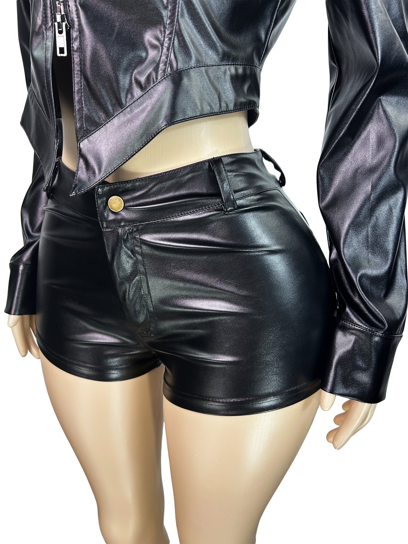 Fashion Women's Leather Stand Collar Zipper Long Sleeve Top Shorts Two-Piece Set 16