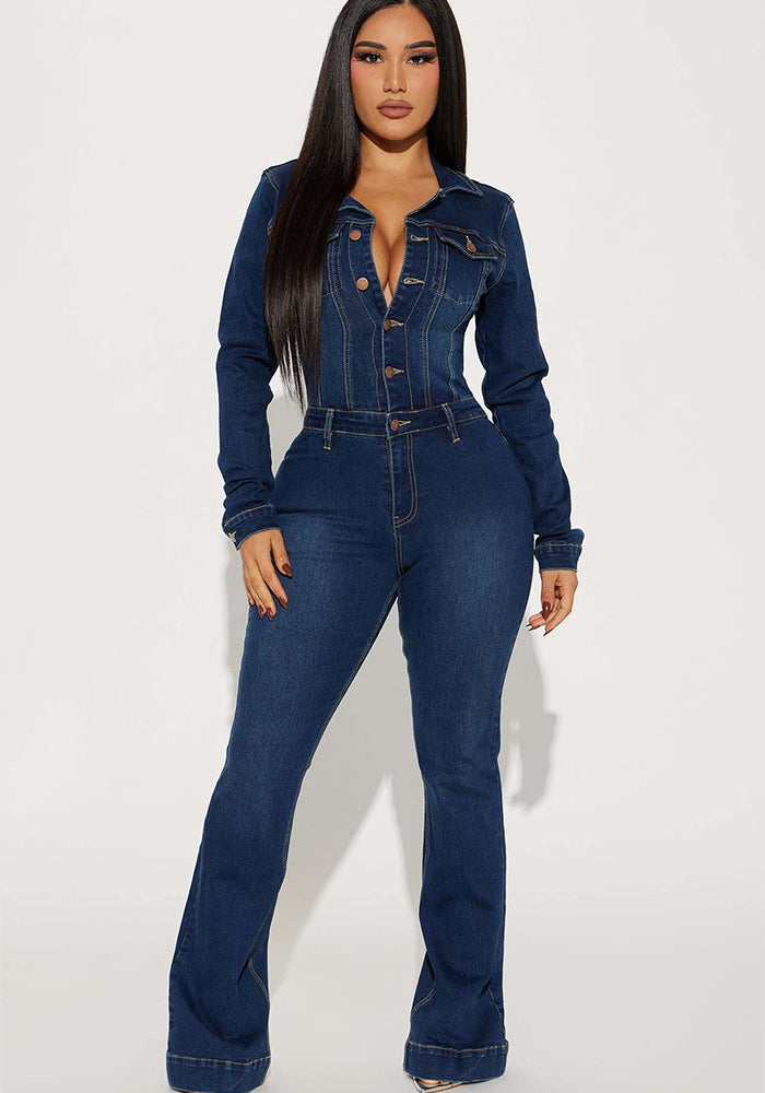 Slim Fit Stretch Bell Bottom Wash Long Sleeve Denim Jumpsuit