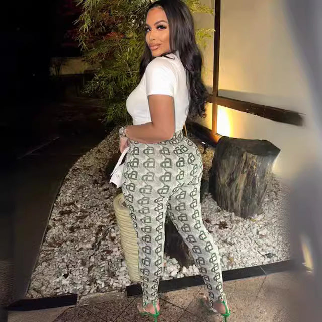 Women Short Sleeve Printed T-Shirt and Pants Two-Piece Set 3