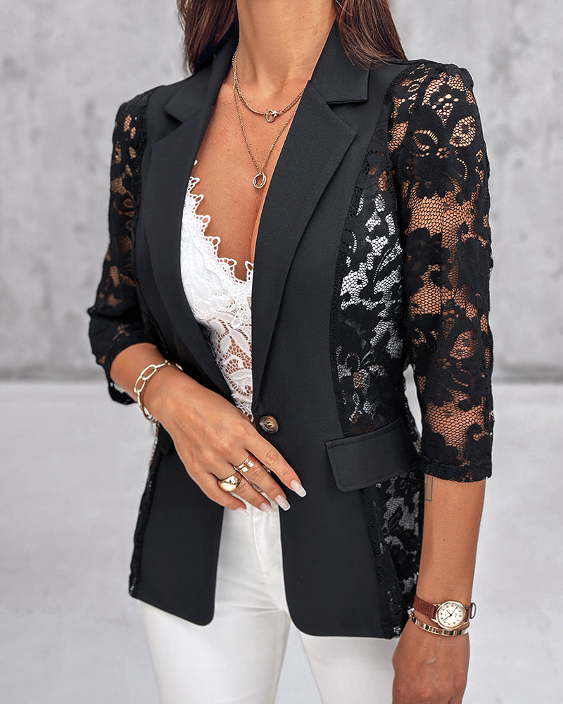 Women's Lace Patchwork Turndown Collar Half-Sleeve blazer 5