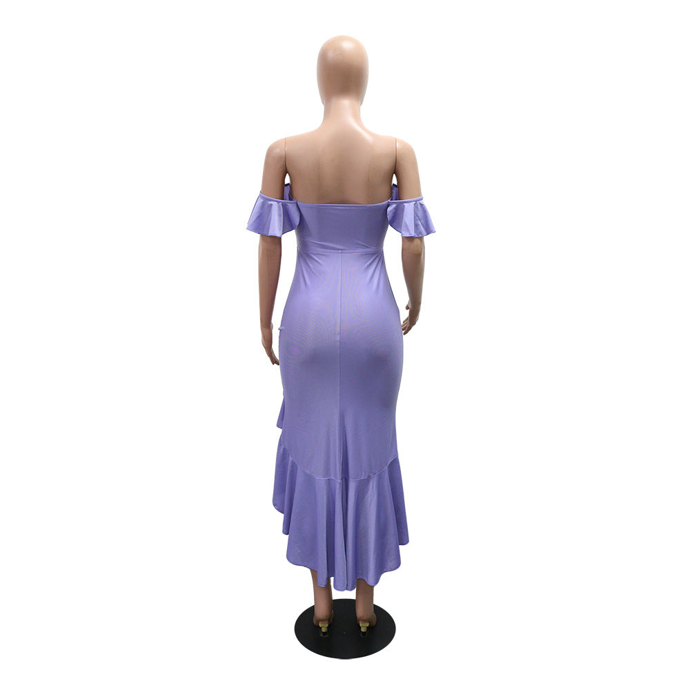 Off-Shoulder Slit Asymmetrical Dress Solid Color Sexy Gown 15