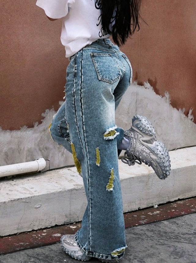 Women's Ripped Loose Color-block Denim Pants 4
