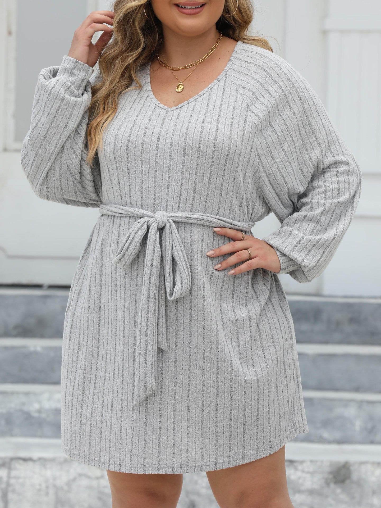 Plus Size Women Lace-Up Ribbed V-Neck Casual Dress 6