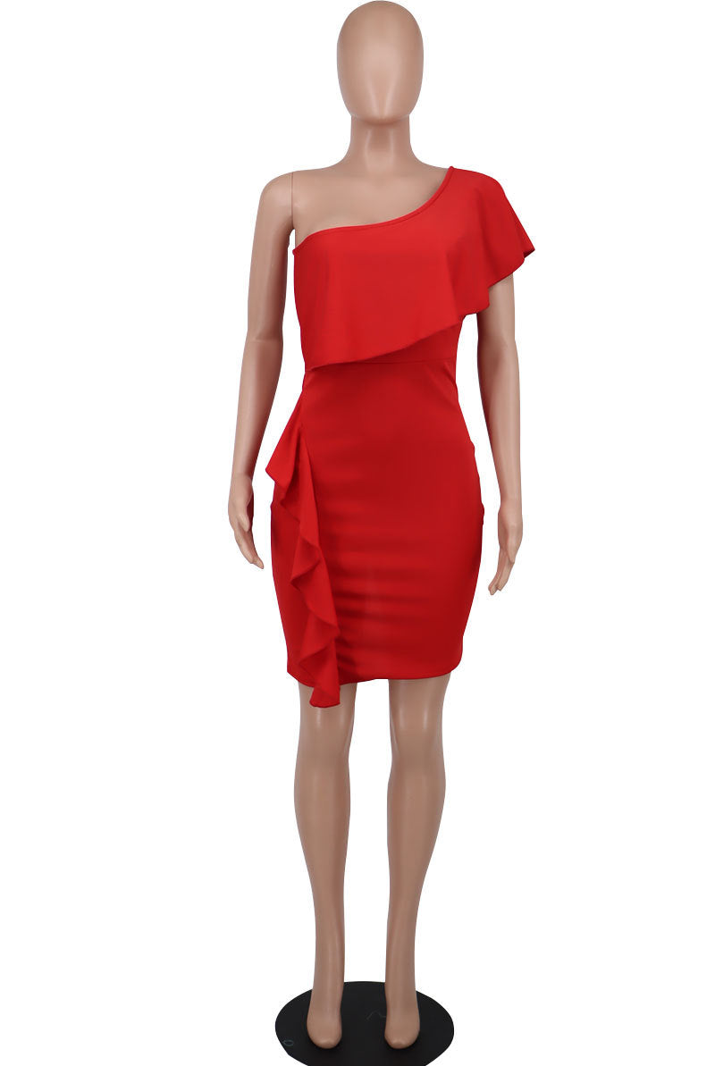 Women Summer Slanted Shoulder Ruffle Bodycon Dress 12