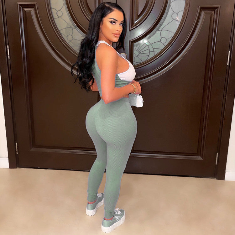 Women's Sexy Ribbed Suit Round Neck Tank Top Pencil Pants Lace-Up Two Piece Summer Set 7