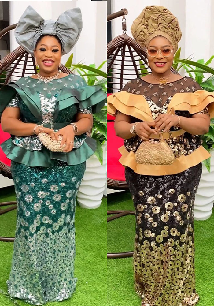 Plus Size African Women Clothing Sequin Patchwork Contrast Color Dress