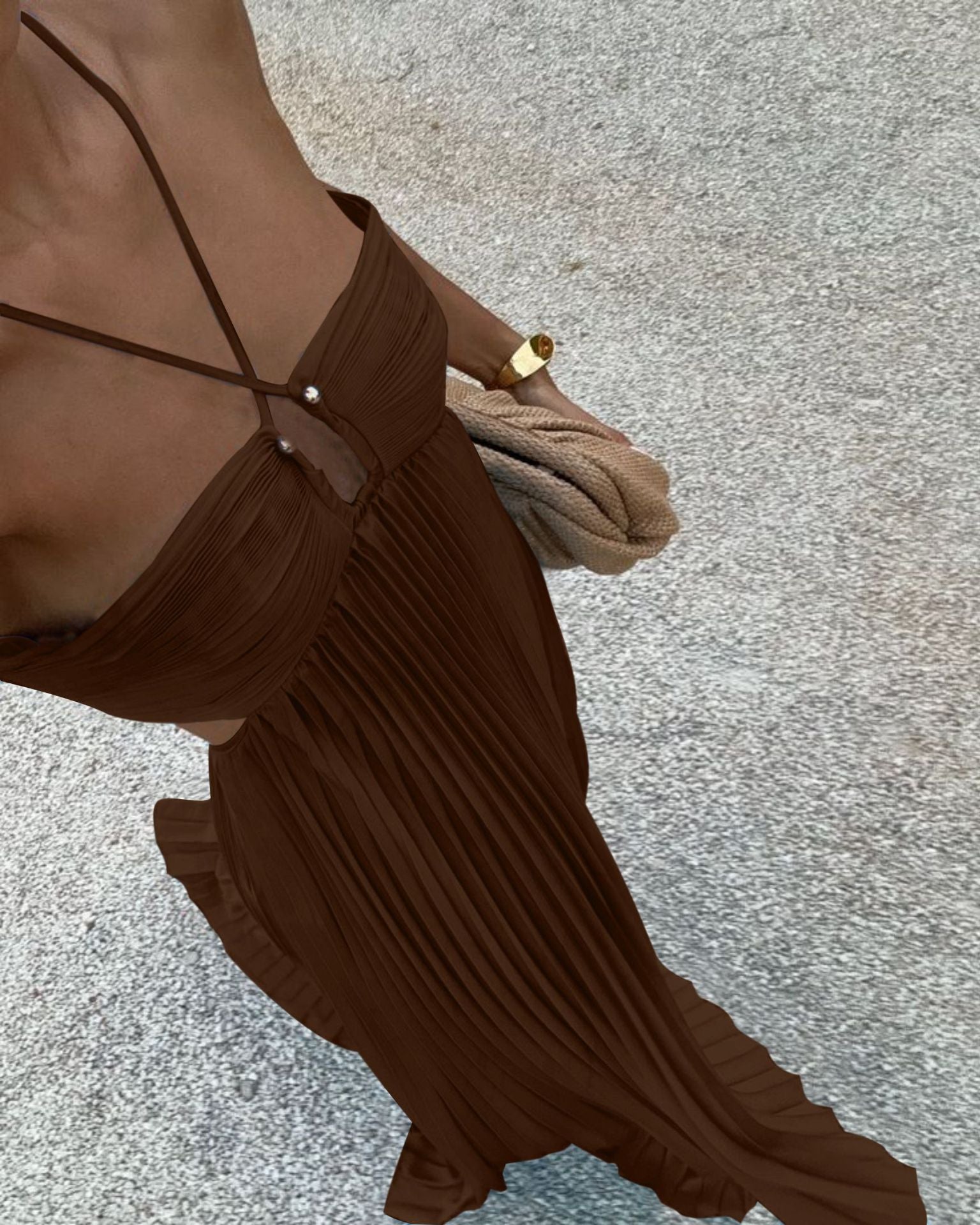 Women Summer Solid Strapless Pleated Sleeveless Strap Dress 7