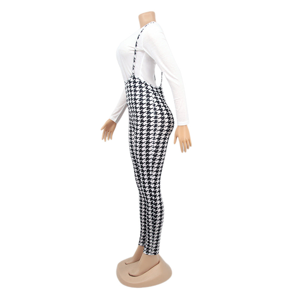 Spring Printed Long-Sleeved Slim Fit Women's Strap Casual Two Piece Pants Set 22