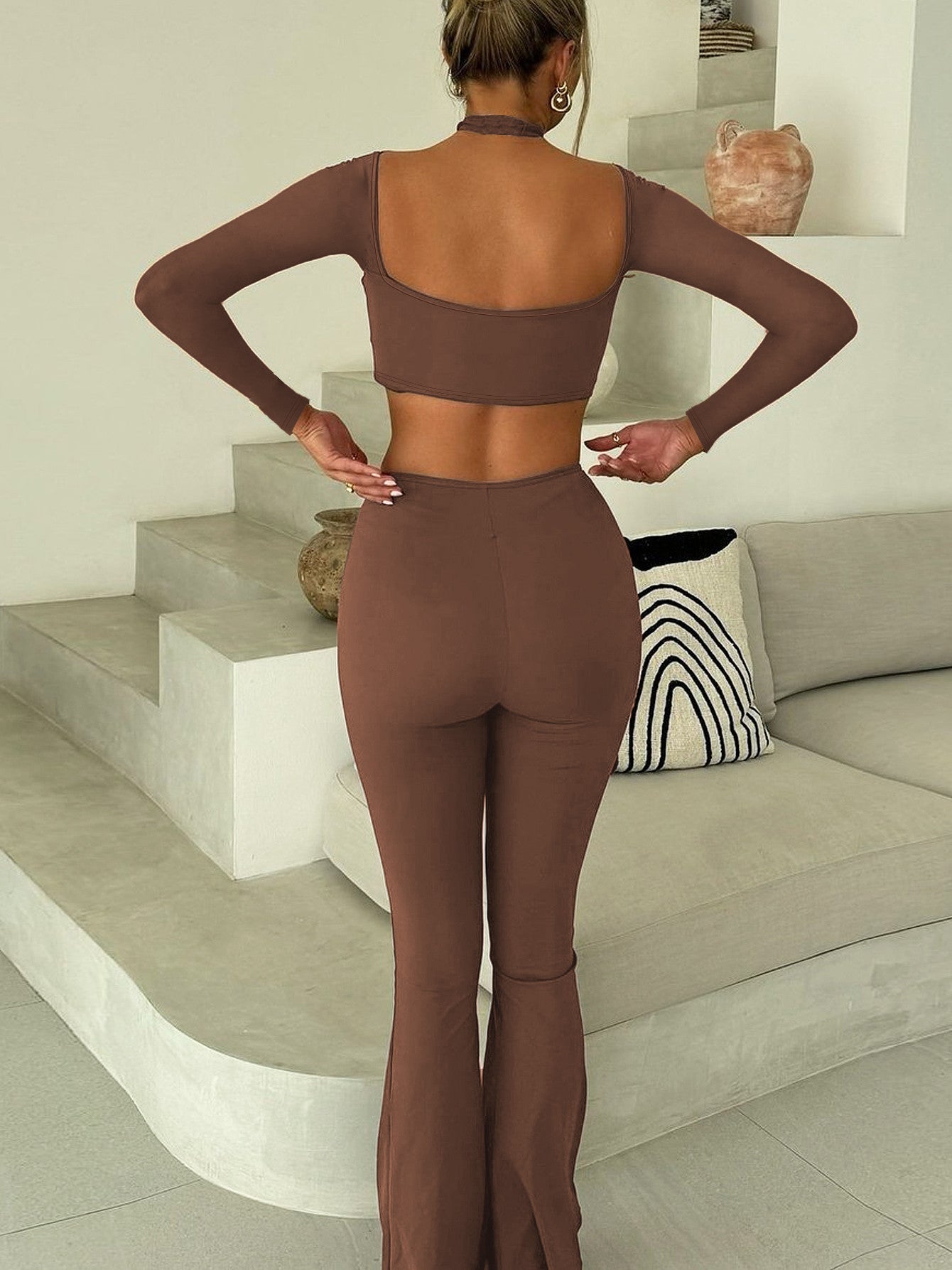 Women's Autumn Long Sleeve Halter Neck Top Pleated Slim Bell Bottom Trousers Fashion Sports Two Piece Set 4