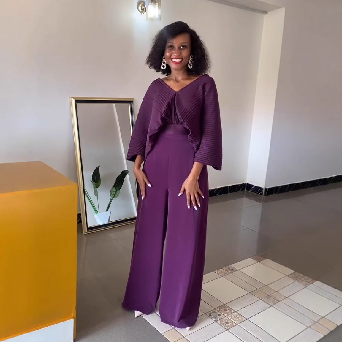 Women Pleated V-Neck Bat Sleeves Shirt and Pants Two Piece Set 5