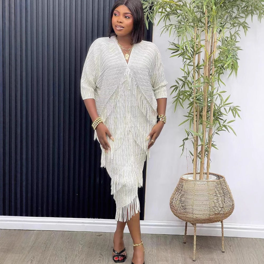 Plus Size African Women v-neck Bat Sleeves Shiny tassel elegant dress 6