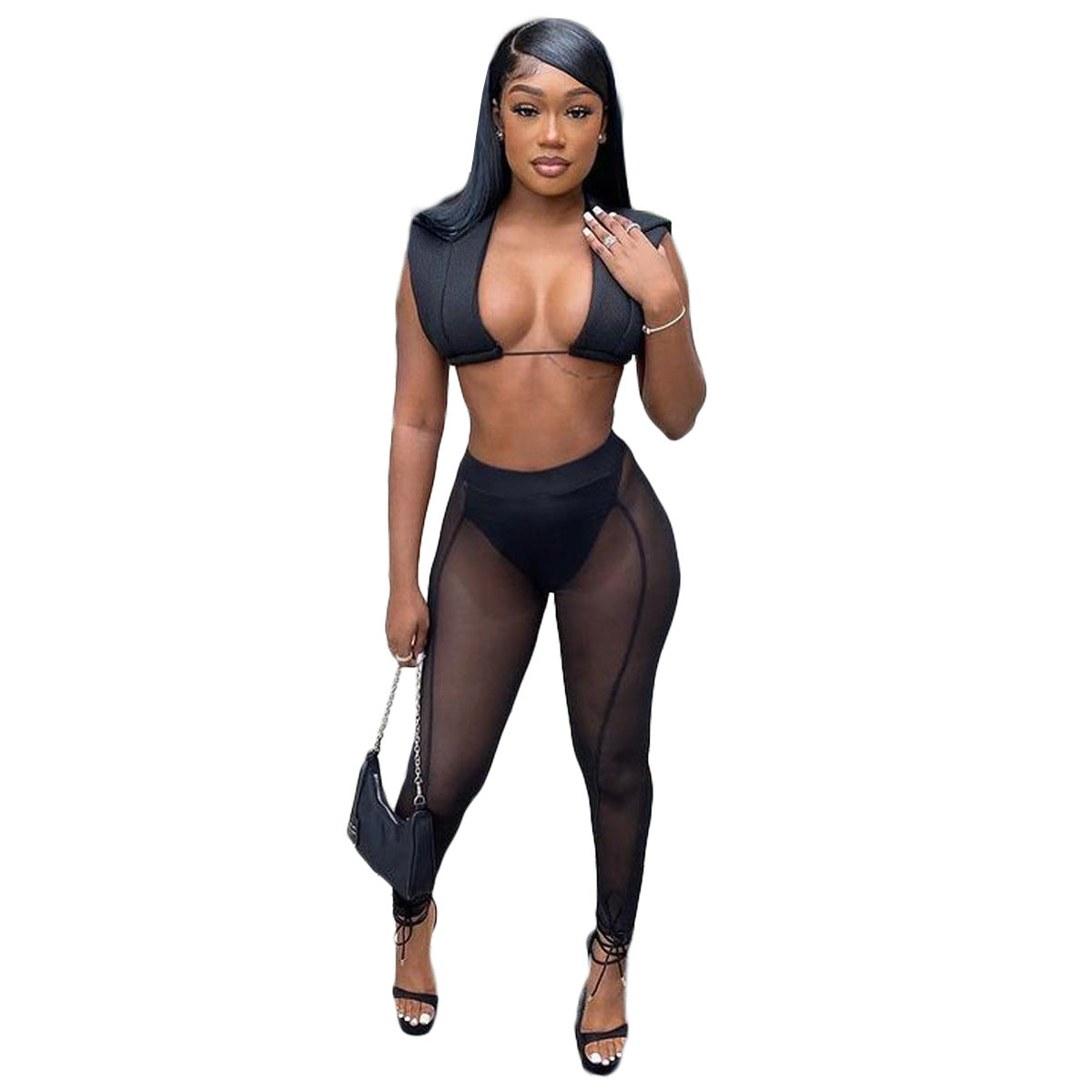 Women 's Mesh See-Through Hollow Vest Mid-Waist Sexy Pants Two Piece Set 24