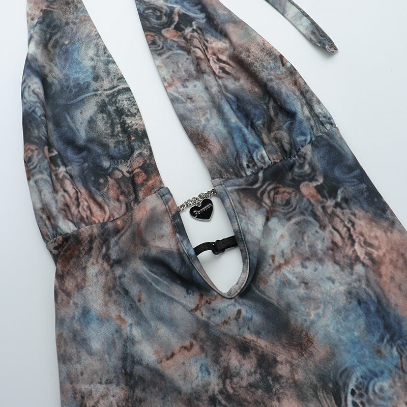 Women Printed Sexy Backless Slit Lace Dress 11