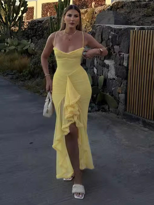 Women Sexy Backless Mesh Suspender Solid Dress 10