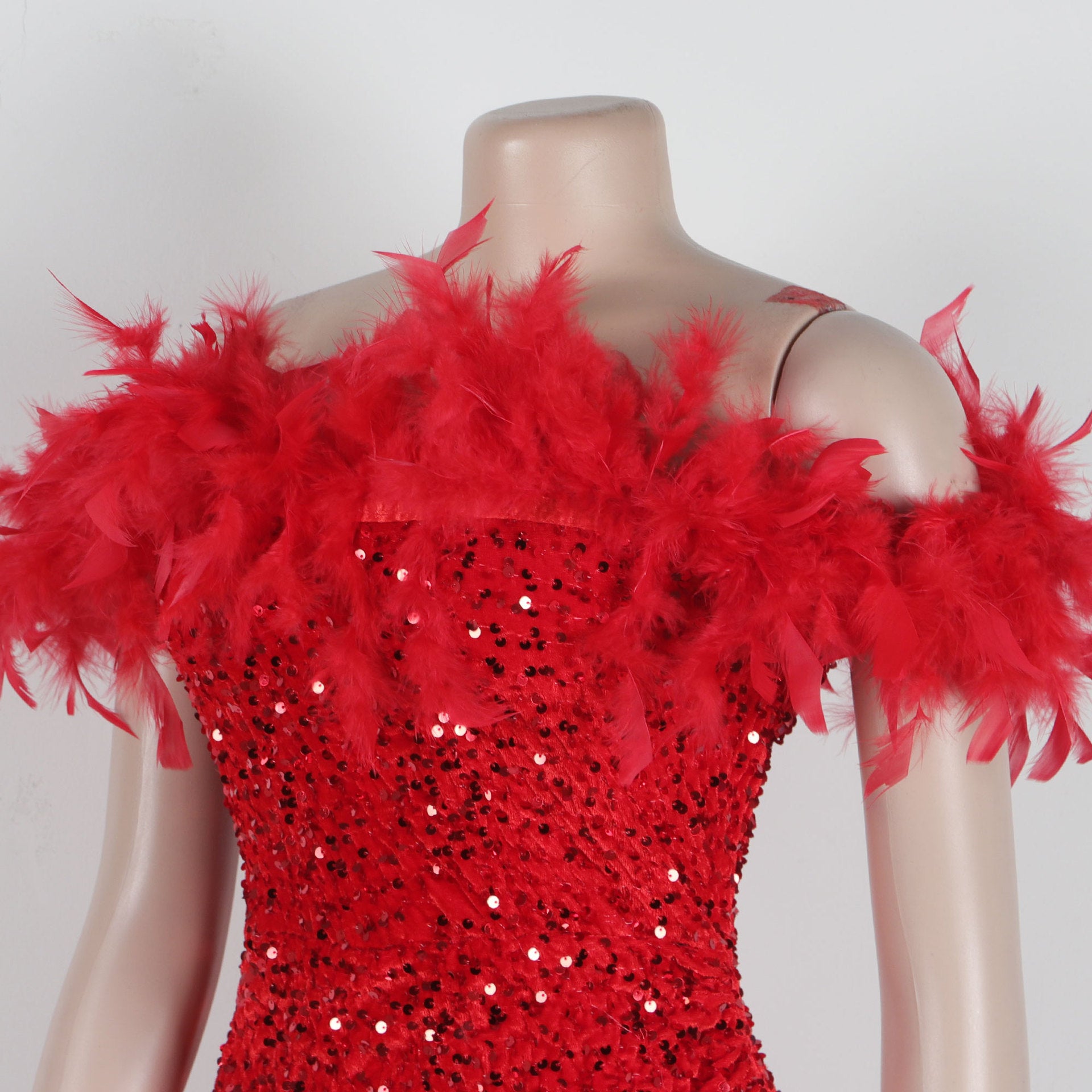 Sexy Sequin Feather Off Shoulder Bodycon Dress 19
