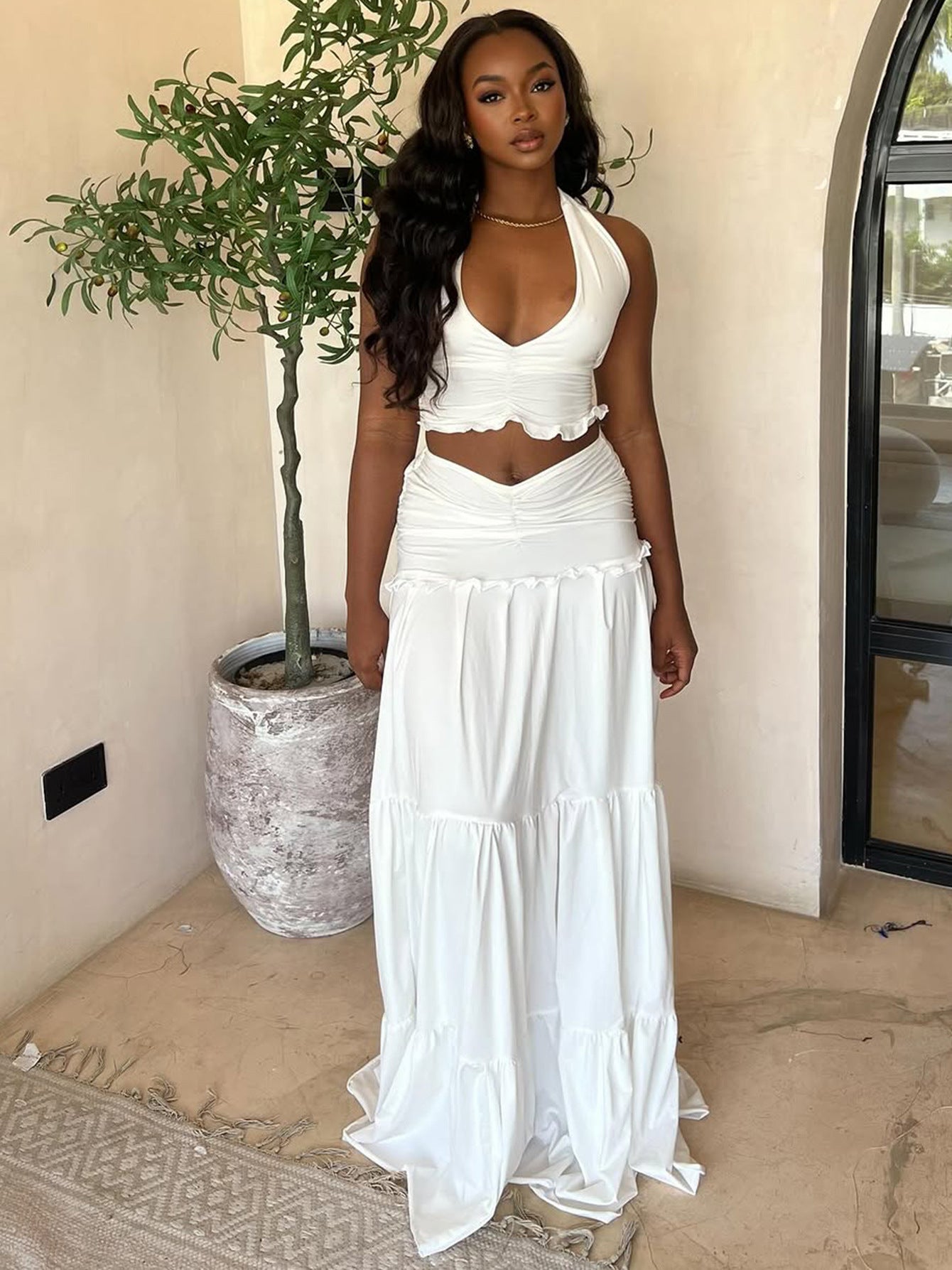 Women summer tie Halter Neck vest pleated Skirt two-piece set 5