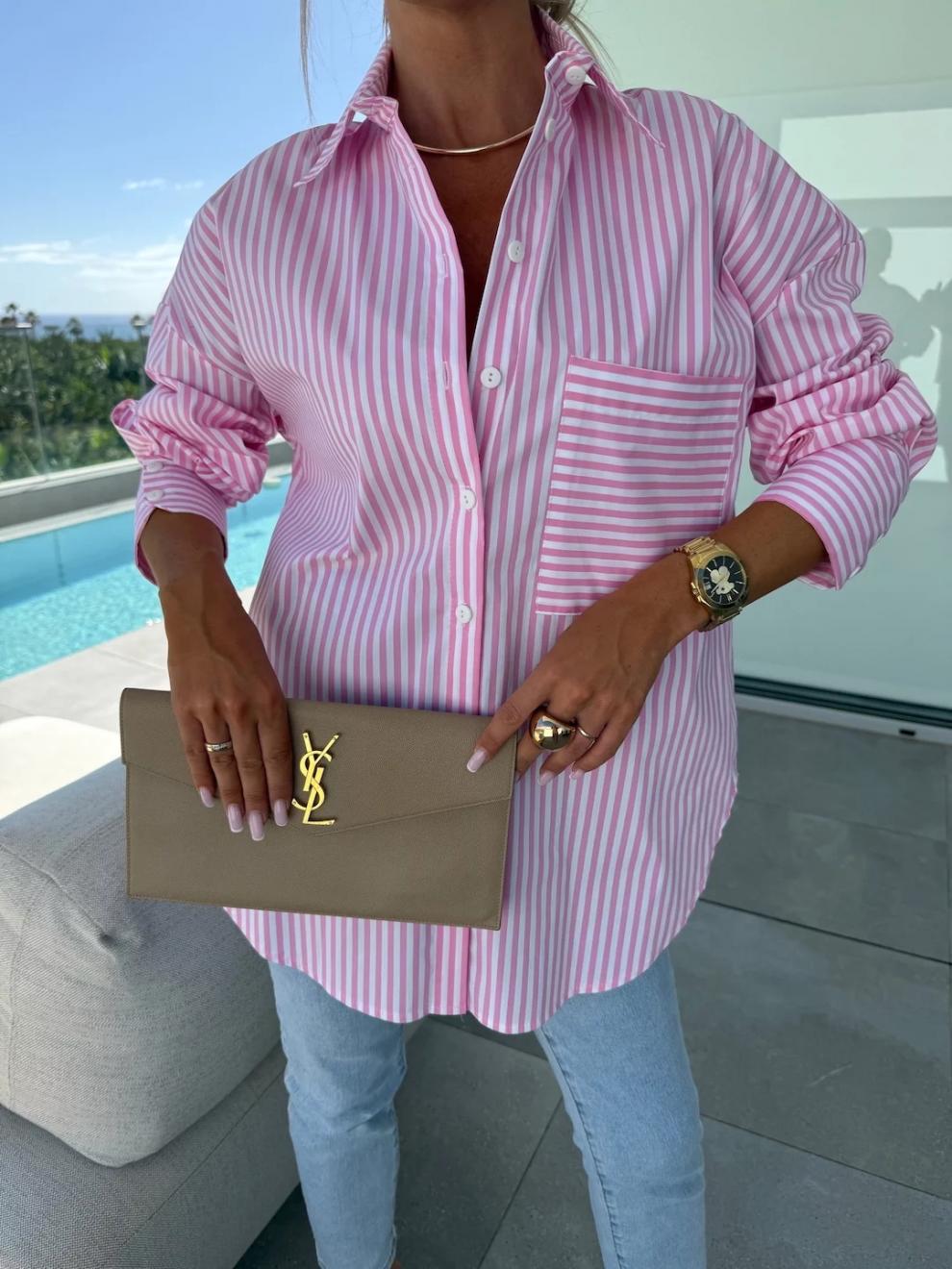 Women Pocket Stripe Long Sleeve Shirt 3