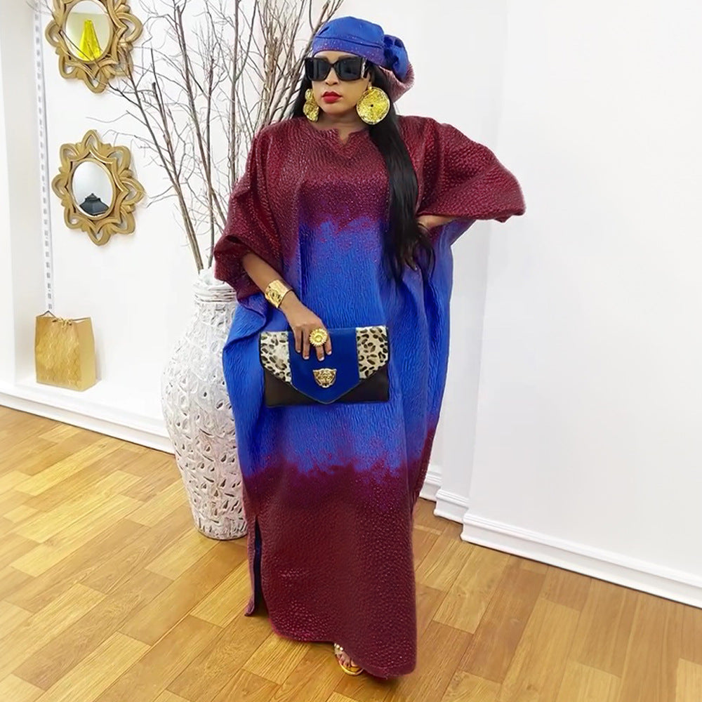 Plus Size African Women Bat Sleeves Colorblock Dress