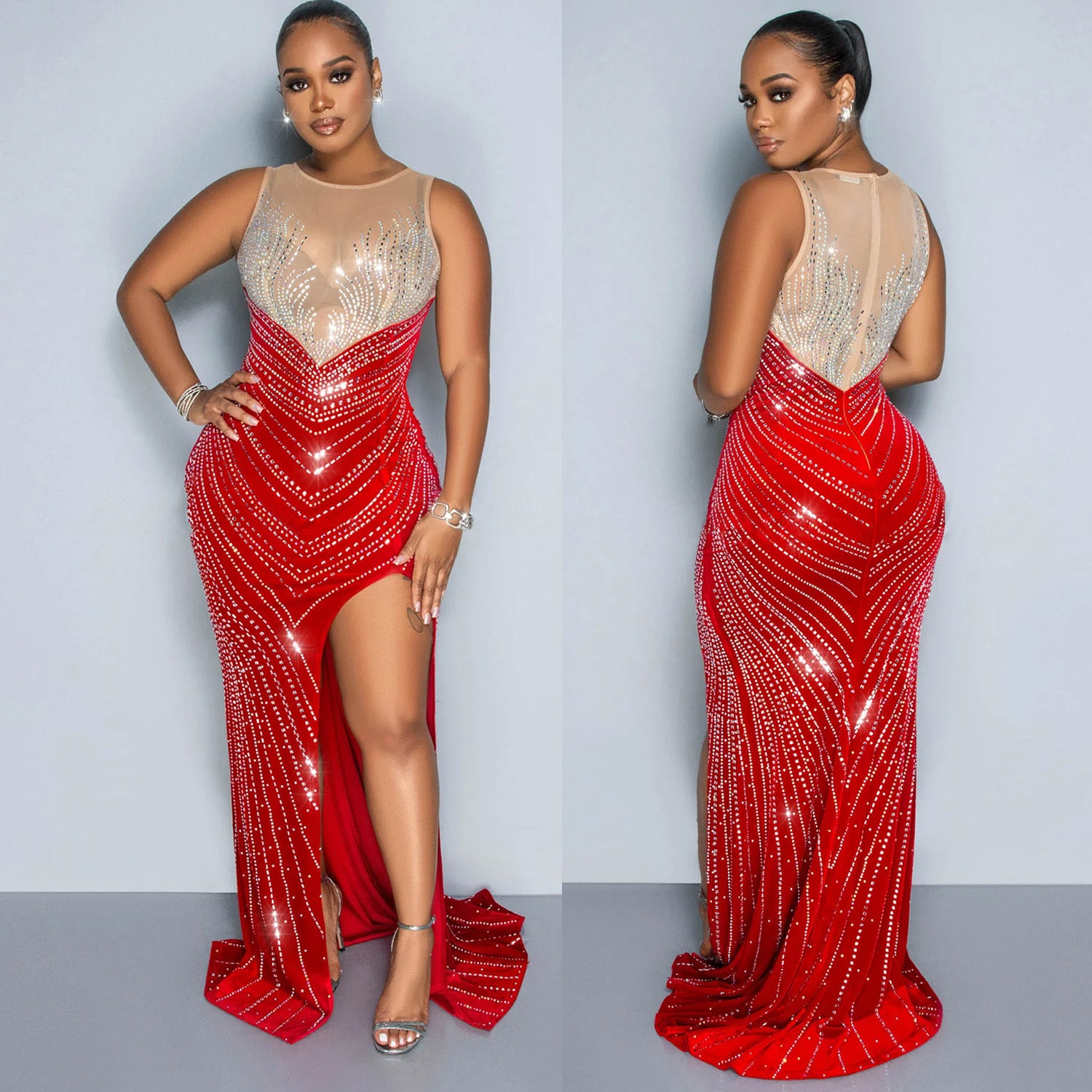 Spring Velvet Patchwork Mesh Beaded Sleeveless Nightclub Long Dress 3