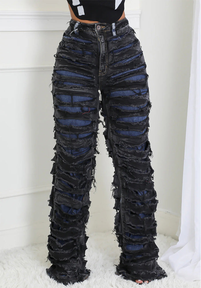 Women Double Ripped Denim Pants 3