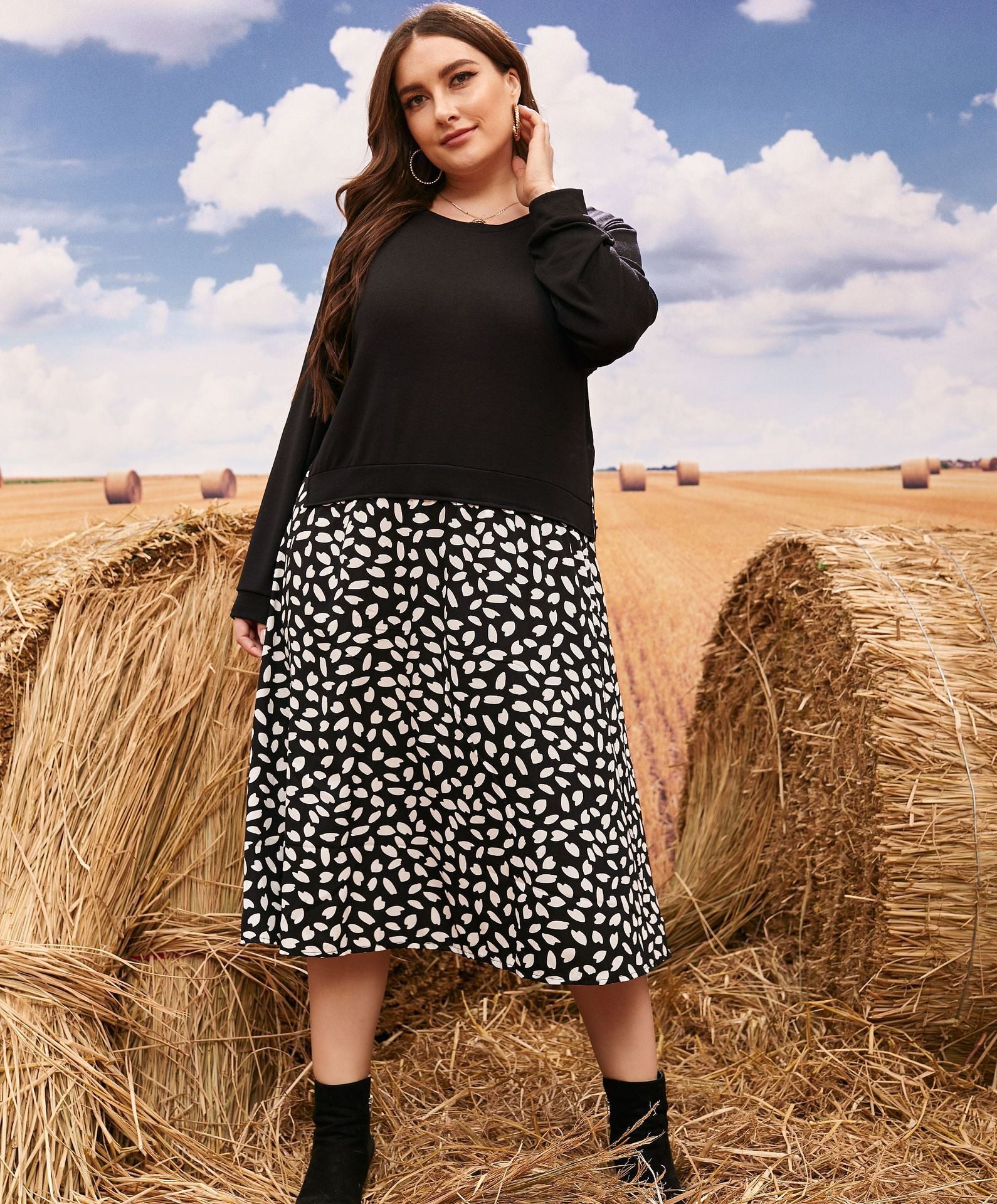 Plus Size Women knitting Patchwork Long Sleeve Loose Dress 6