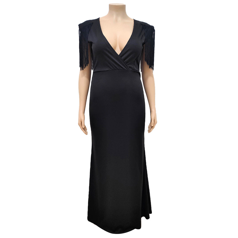 Plus Size Women V-Neck Solid Sleeveless Fringe Dress 12