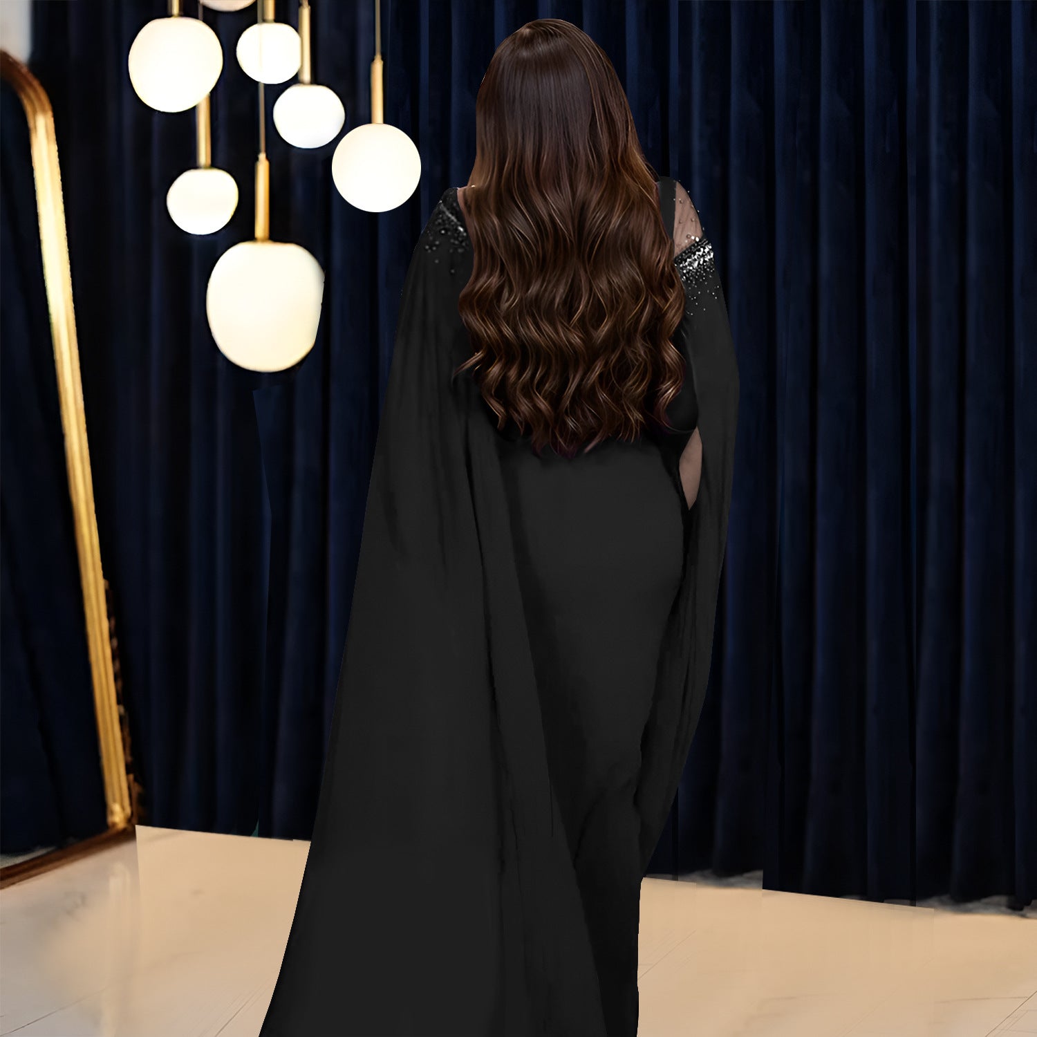 Women's Beaded Chiffon Mesh Cape Sleeve Evening Gown 3