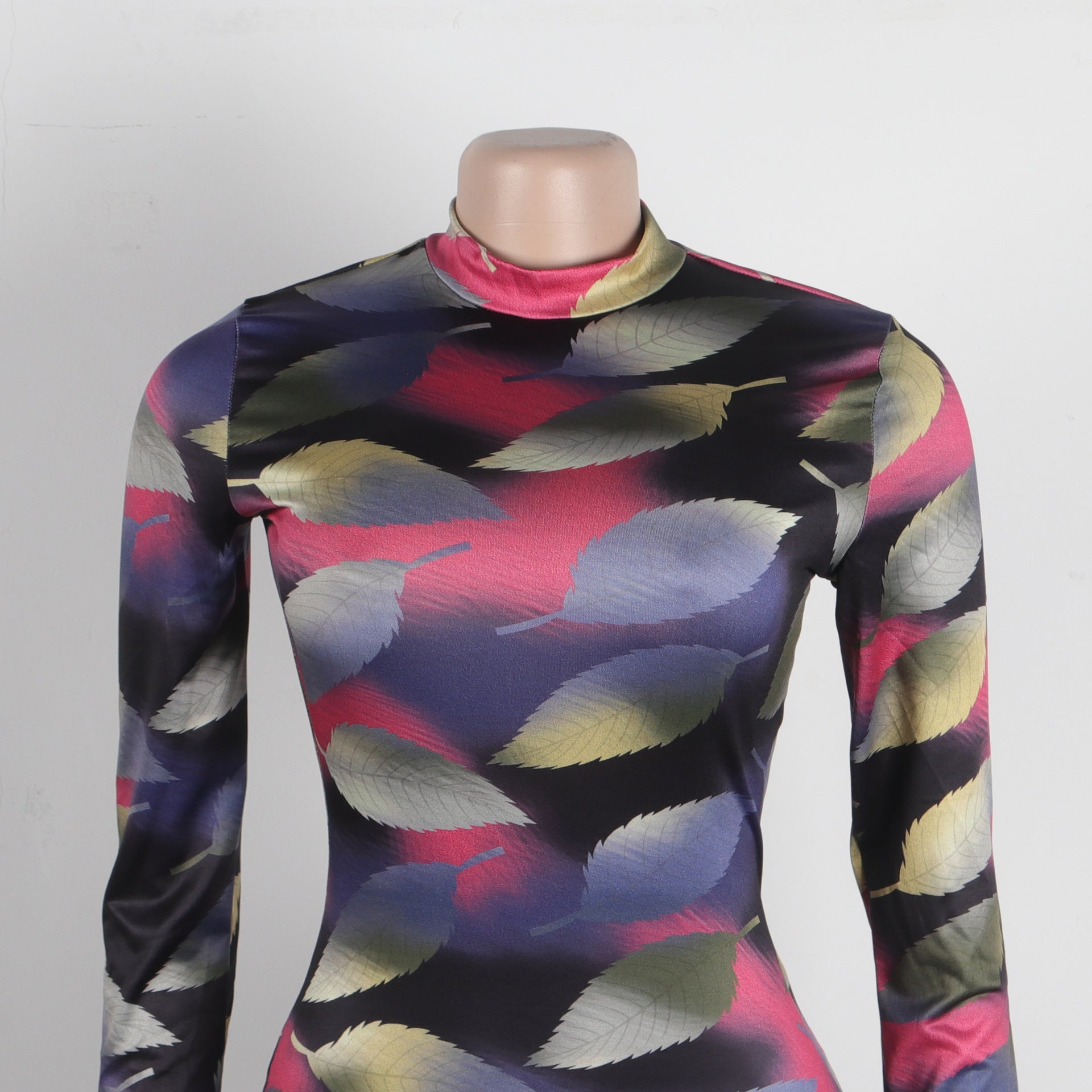 Sexy Printed Stretch Round Neck Long Sleeve Bodycon Tight Fitting Mermaid Long Dress 31