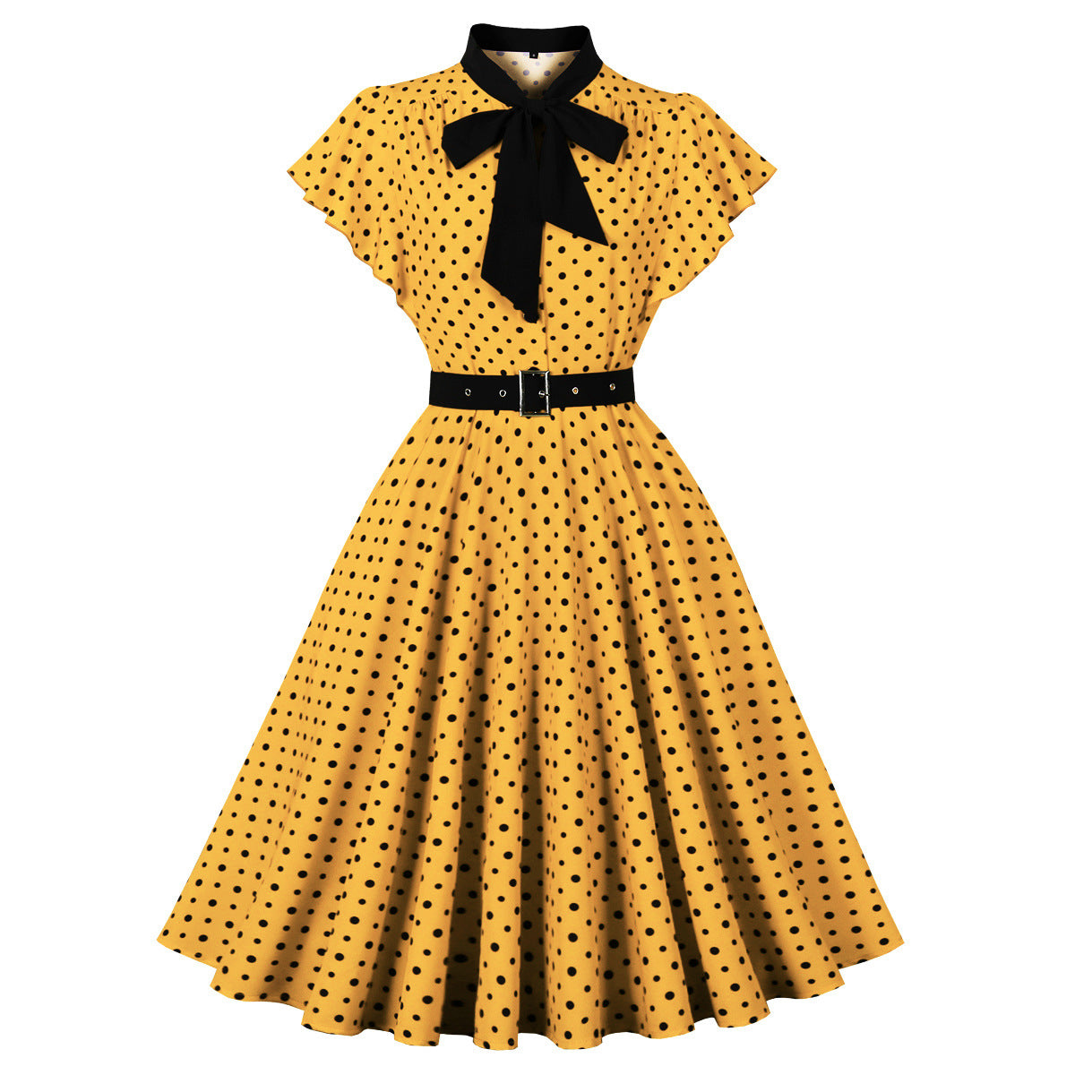 Women's Short-Sleeve Round Neck Knee-Length Retro Polka Dot A-line Dress