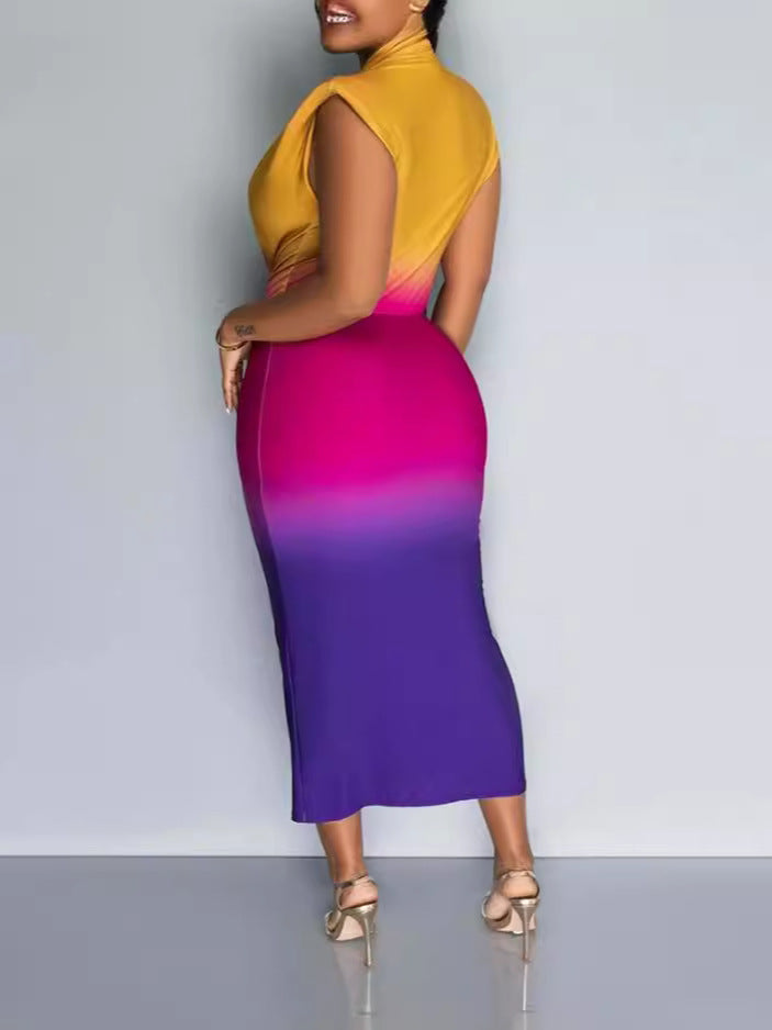 Spring Summer Gradient Print Sleeveless Deep V Neck Long Tight Fitting Bodycon Dress 3