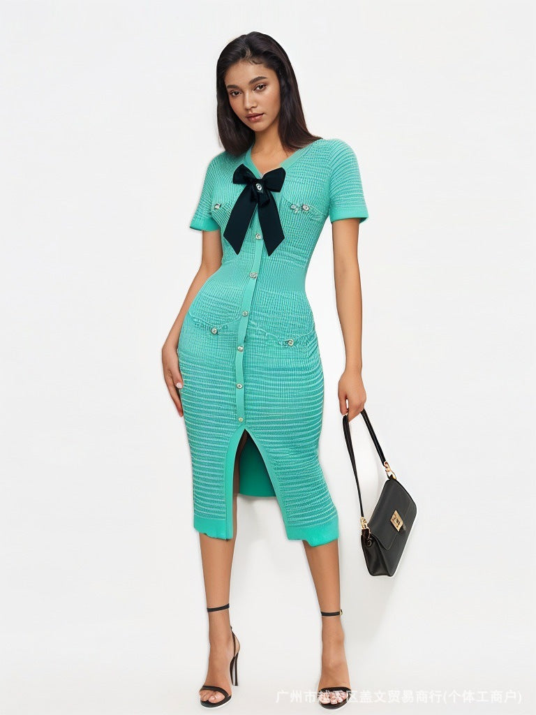 Women French V Neck Bow Short Sleeve Beaded Button Knitting Slit Dress