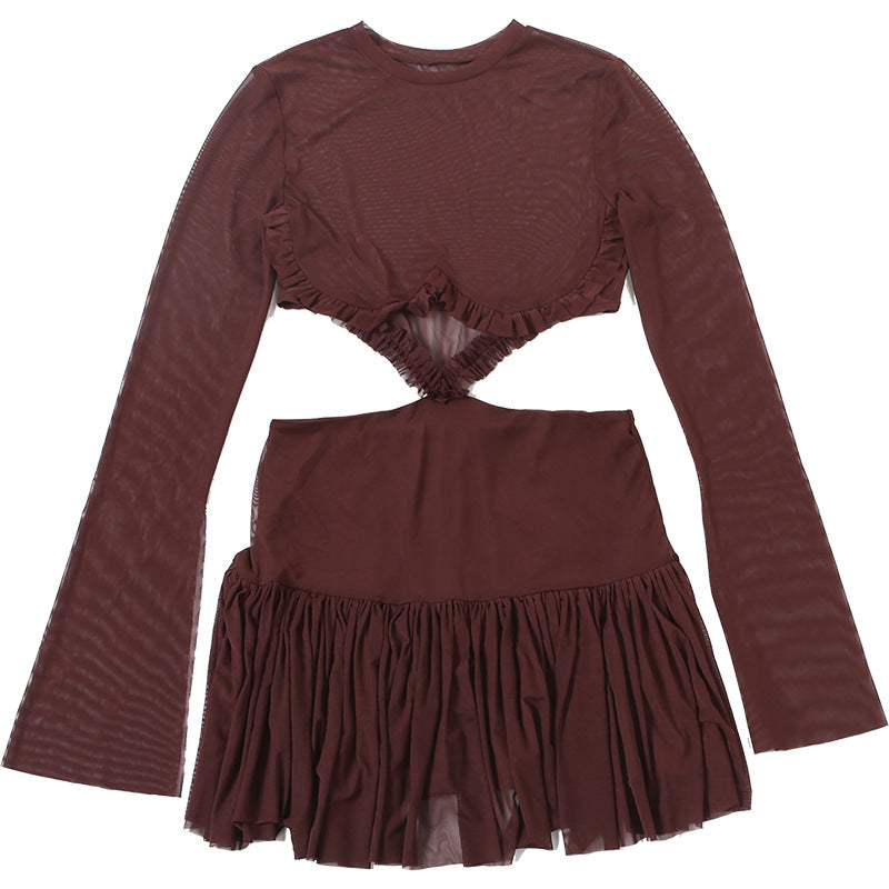 Women autumn sexy mesh patchwork see-through long-sleeved dress 8