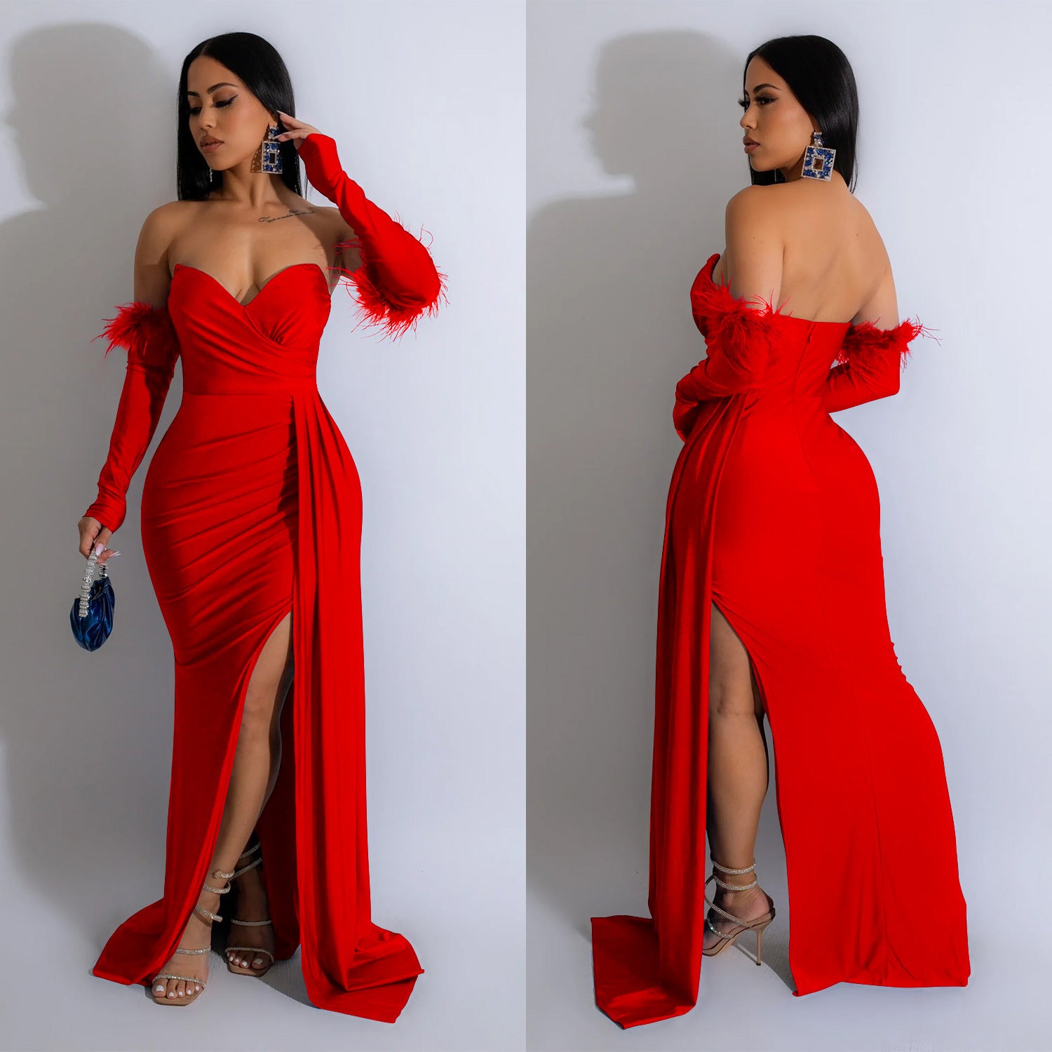 Fashion Women's Solid Color Pleated Low Back Slit Maxi Dress 4