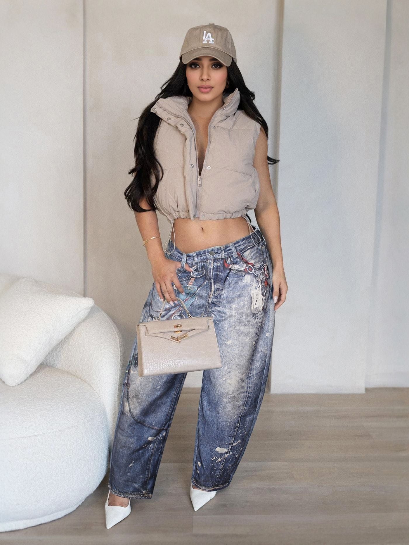 Denim Leather Print Wide-Leg Pants for Women 5