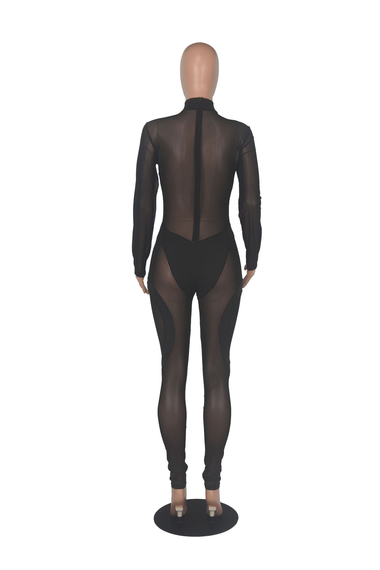 Women'S Mid Neck Sexy Long Sleeve See-Through Mesh Patchwork Jumpsuit 16