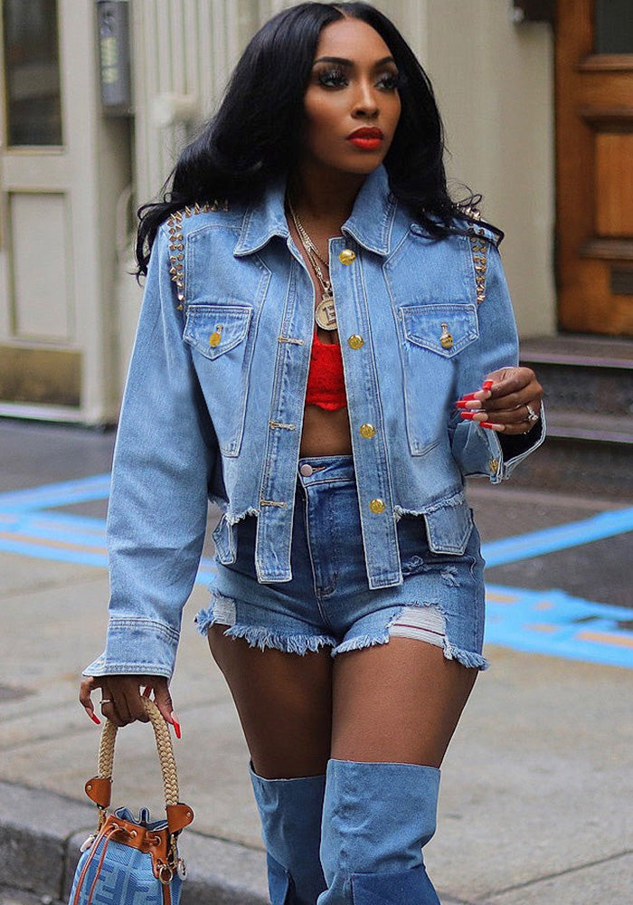 Women Drilled Shirt Collar Long Sleeve Denim Jacket