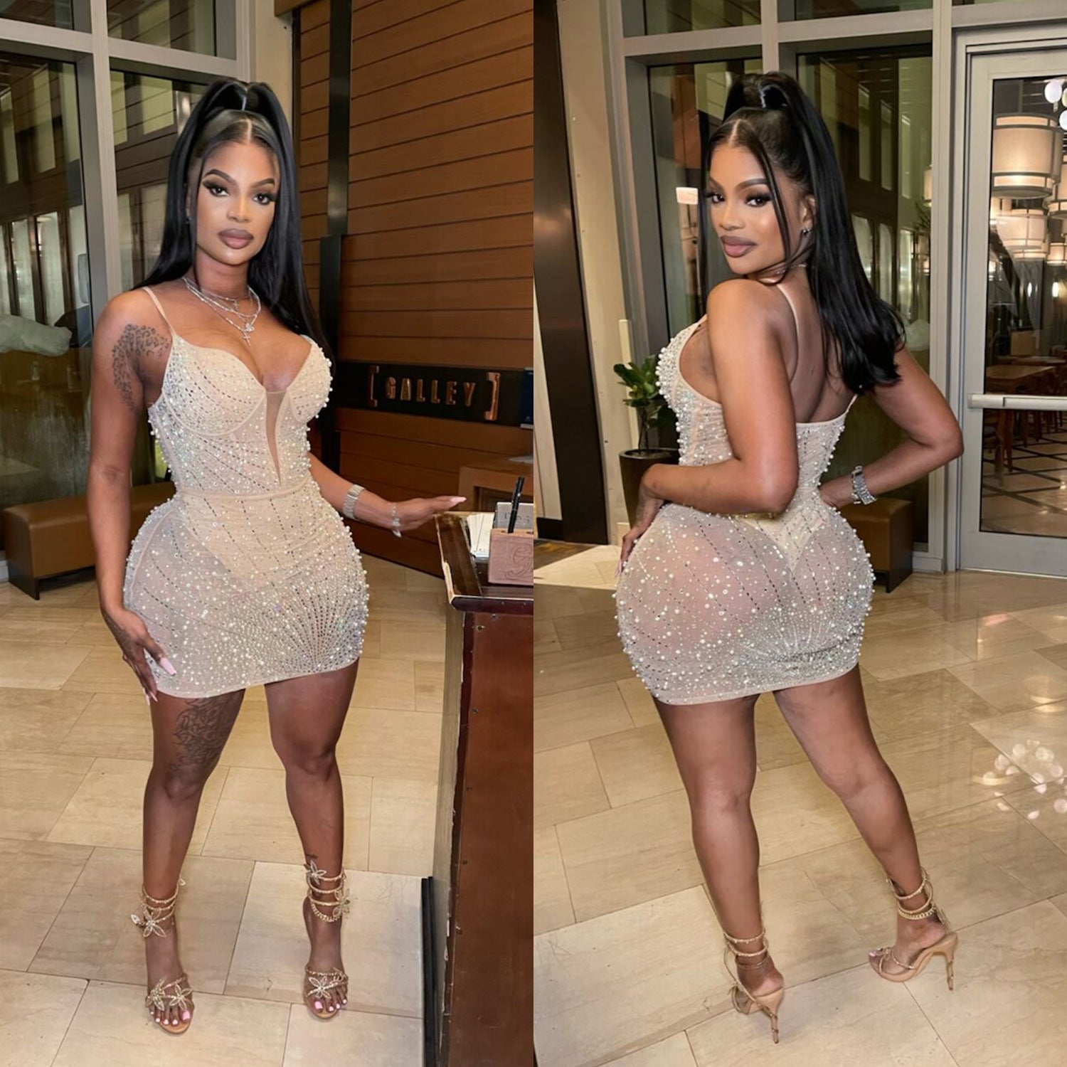 Women Solid Beaded Mesh Sleeveless Dress 5