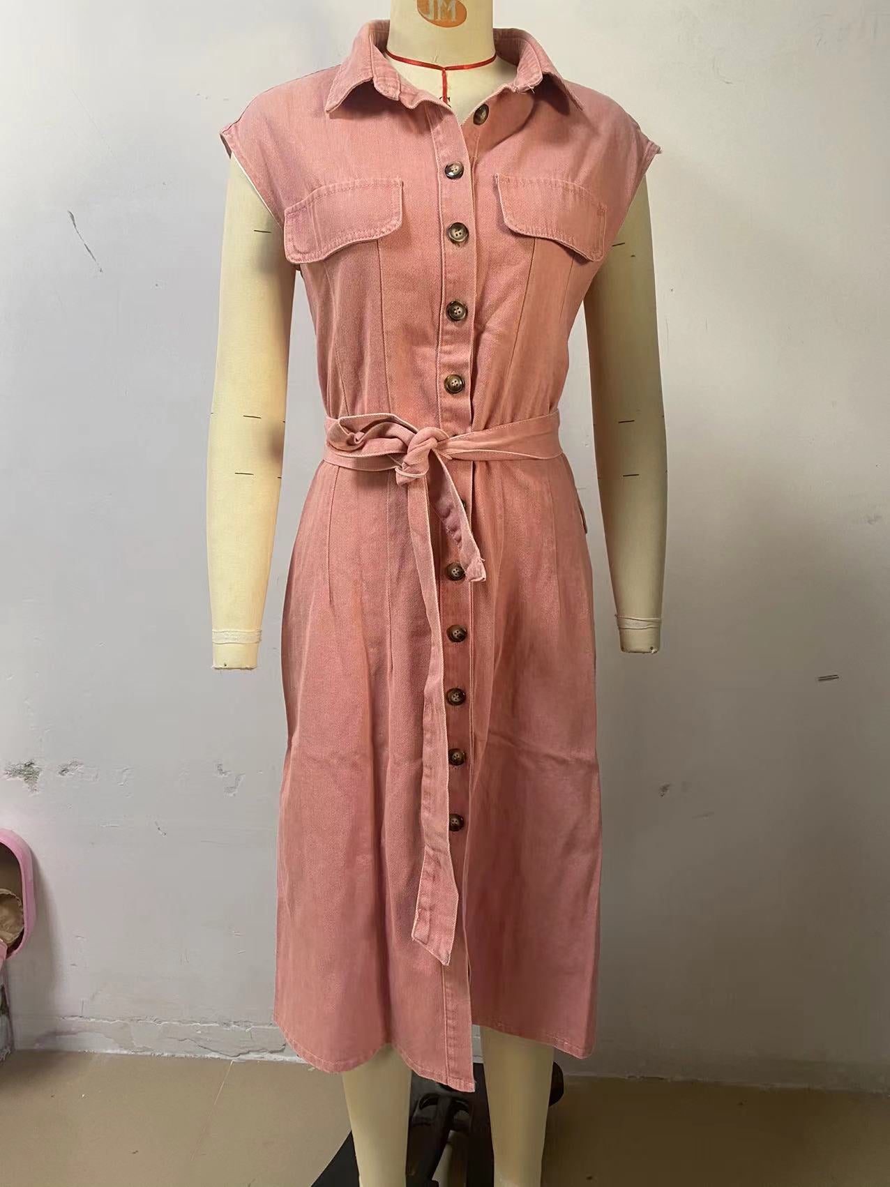 Women Casual Single-Breasted Sleeveless Denim Dress 14