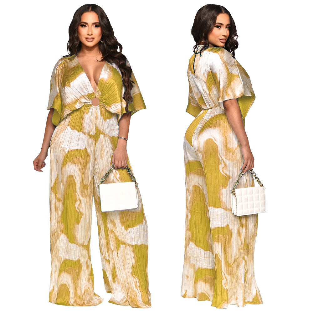 Fashion Women's V-Neck Print Pleated Casual Jumpsuit 6