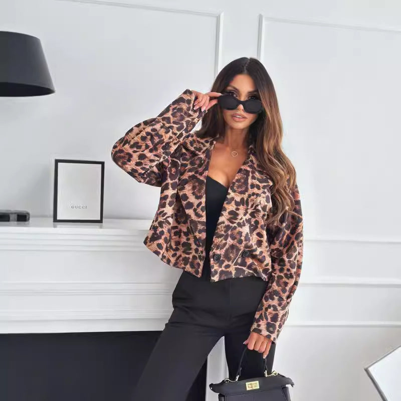Women Long Sleeve Crop Leopard Blazer Jacket 6